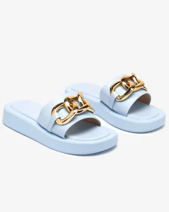 New Niebieskie damskie klapki ze złotym łańcuszkiem Reteris Klapki Płaskie