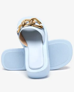 New Niebieskie damskie klapki ze złotym łańcuszkiem Reteris Klapki Płaskie