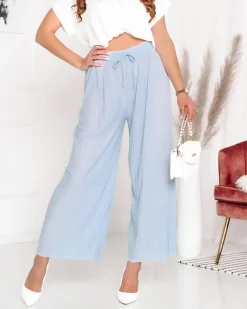 Best Niebieskie damskie szerokie plisowane spodnie typu palazzo Spodnie Materiałowe