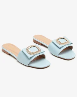 Hot Niebieskie damskie klapki z ozdobą z cyrkoniami Iteria Klapki Płaskie