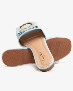 Hot Niebieskie damskie klapki z ozdobą z cyrkoniami Iteria Klapki Płaskie