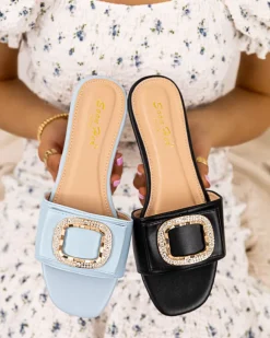 Hot Niebieskie damskie klapki z ozdobą z cyrkoniami Iteria Klapki Płaskie