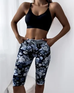 New Niebieskie damskie spodenki 3/4 z kwiatowym wzorem Spodenki 3/4|Krótkie Spodenki