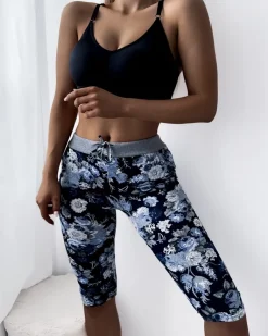 New Niebieskie damskie spodenki 3/4 z kwiatowym wzorem Spodenki 3/4|Krótkie Spodenki