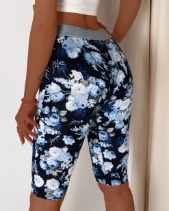 New Niebieskie damskie spodenki 3/4 z kwiatowym wzorem Spodenki 3/4|Krótkie Spodenki