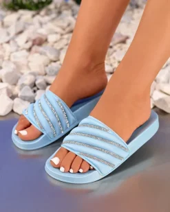 Niebieskie damskie klapki z cyrkoniami Erikis Klapki Płaskie