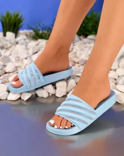 Niebieskie damskie klapki z cyrkoniami Erikis Klapki Płaskie