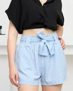 Sale Niebieskie wzorzyste damskie materiałowe krótkie spodenki w kwiaty Szorty|Krótkie Spodenki