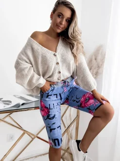 Clearance Niebiesko- różowe spodenki damskie 3/4 z printem Spodenki 3/4|Krótkie Spodenki