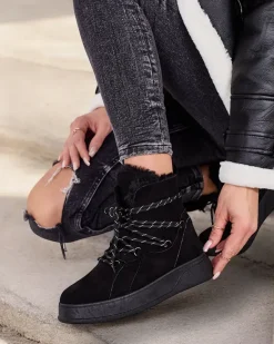 Outlet Śniegowce damskie sznurowane Mommer Śniegowce|Botki Na Płaskim Obcasie