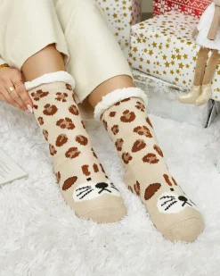 Ocieplane beżowe damskie skarpetki z żyrafą Skarpetki