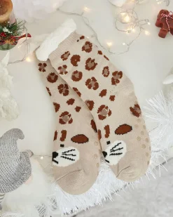 Ocieplane beżowe damskie skarpetki z żyrafą Skarpetki