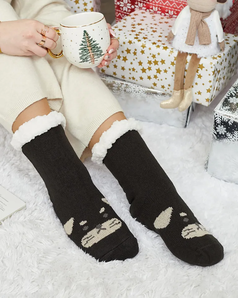 Online Ocieplane beżowe damskie skarpetki z pieskiem Skarpetki