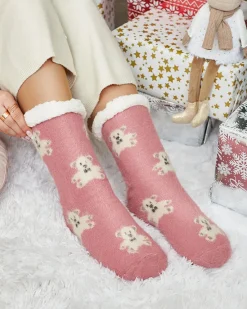 Online Ocieplane różowe damskie skarpetki z misiami Skarpetki