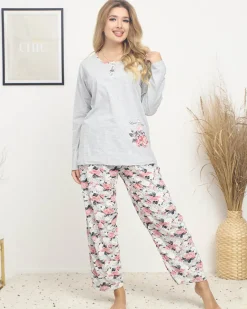 Online Piżama damska z printem w kwiaty w kolorze szarym PLUS SIZE Piżamy|Plus Size