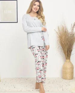 Online Piżama damska z printem w kwiaty w kolorze szarym PLUS SIZE Piżamy|Plus Size