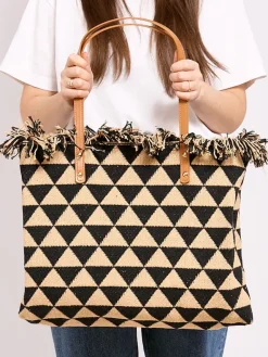 Outlet Pleciona torebka shopper we wzór w trójkąty Damskie Torebki Shoppers|Wiklinowe I Słomiane