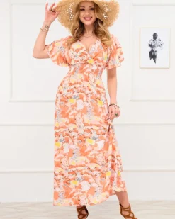 Discount Pomarańczowa damska długa sukienka z modnym wzorem Sukienki Letnie|Sukienki Długie
