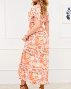 Discount Pomarańczowa damska długa sukienka z modnym wzorem Sukienki Letnie|Sukienki Długie