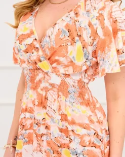 Discount Pomarańczowa damska długa sukienka z modnym wzorem Sukienki Letnie|Sukienki Długie