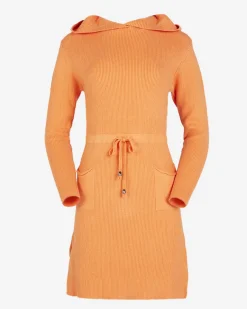 Best Pomarańczowa damska sukienka swetrowa z kapturem Sukienki Krótkie