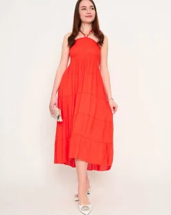 Outlet Pomarańczowa sukienka midi PLUS SIZE Sukienki Letnie|Sukienki Długie