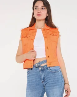 Clearance Pomarańczowa jeansowa kamizelka damska Kurtki / Marynarki / Płaszcze