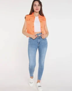 Clearance Pomarańczowa jeansowa kamizelka damska Kurtki / Marynarki / Płaszcze