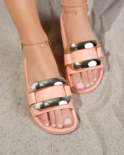 Outlet Pomarańczowe damskie klapki ze złotą ozdobą Serina Klapki Płaskie