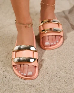 Outlet Pomarańczowe damskie klapki ze złotą ozdobą Serina Klapki Płaskie