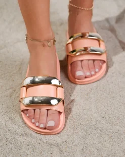 Outlet Pomarańczowe damskie klapki ze złotą ozdobą Serina Klapki Płaskie