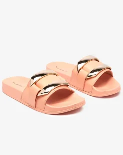 Outlet Pomarańczowe damskie klapki ze złotą ozdobą Serina Klapki Płaskie