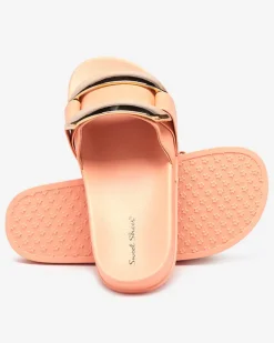 Outlet Pomarańczowe damskie klapki ze złotą ozdobą Serina Klapki Płaskie