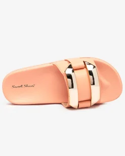 Outlet Pomarańczowe damskie klapki ze złotą ozdobą Serina Klapki Płaskie