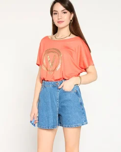 Discount damski t-shirt ze złotym printem i cyrkoniami Bluzki / Koszule / Koszulki