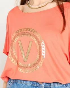 Discount damski t-shirt ze złotym printem i cyrkoniami Bluzki / Koszule / Koszulki