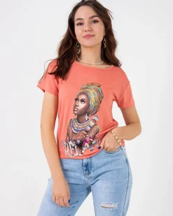 Best damski t-shirt z kolorowym printem i cekinami Bluzki / Koszule / Koszulki