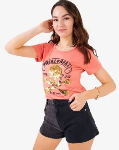 Hot Pomarańczowy damski t-shirt z cekinami i napisami Bluzki / Koszule / Koszulki