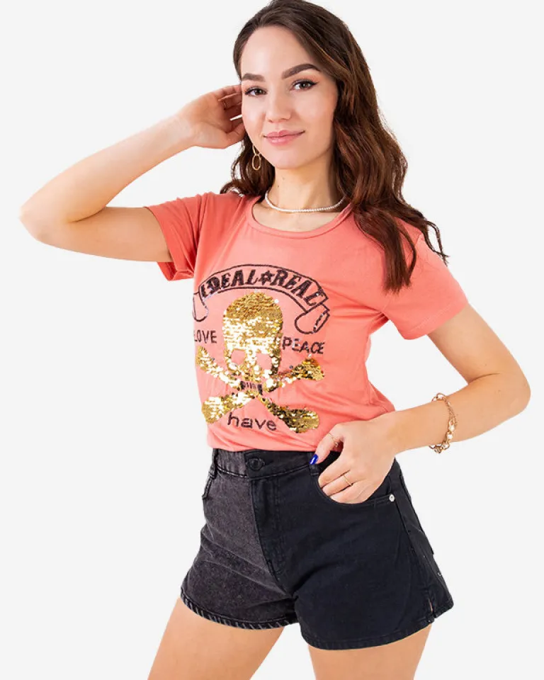 Hot Pomarańczowy damski t-shirt z cekinami i napisami Bluzki / Koszule / Koszulki