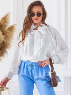 Sale Połyskująca damska koszula z ozdobnym kołnierzykiem Bluzki / Koszule / Koszulki