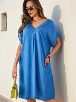 Clearance Prosta damska tunika a'la sukienka typu jeansowa Bluzki / Koszule / Koszulki