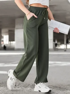 Discount Proste spodnie damskie z wiązaniem Spodnie Materiałowe