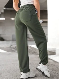 Discount Proste spodnie damskie z wiązaniem Spodnie Materiałowe