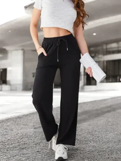 Best Proste spodnie damskie z wiązaniem Spodnie Materiałowe