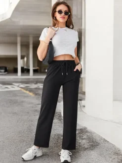 Sale Proste spodnie damskie z wiązaniem Spodnie Materiałowe