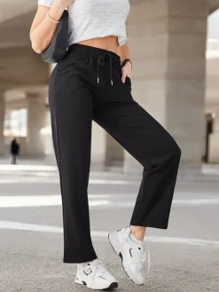 Sale Proste spodnie damskie z wiązaniem Spodnie Materiałowe