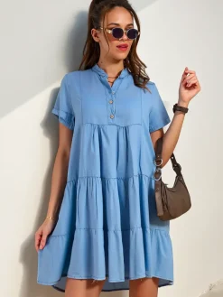 Hot Przeszywana damska tunika a'la sukienka z rozpinanym dekoltem typu jeansowa Bluzki / Koszule / Koszulki