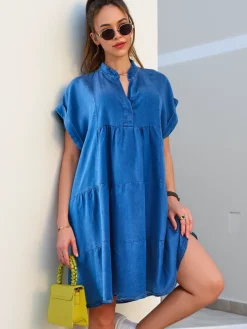 Best Przeszywana damska tunika a'la sukienka typu jeansowa Bluzki / Koszule / Koszulki