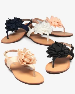 Outlet Pudrowe damskie sandałki typu japonki z kwiatkiem Nerikala Sandały Płaskie|Japonki