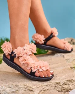 Clearance Pudrowe sandały damskie z kwiatuszkami Alferroy Sandały Płaskie